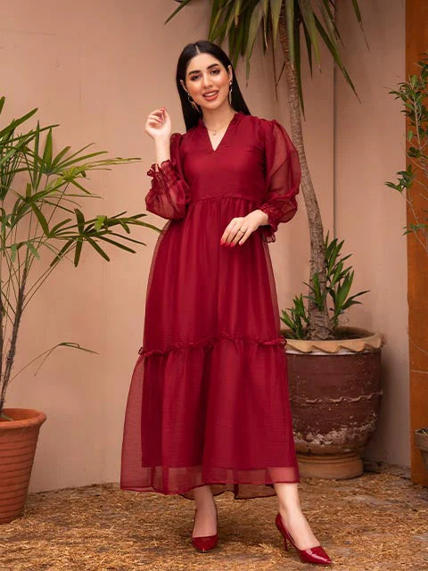 Ruby Elegance Flowy Maxi Dress – Premium Soft Fabric