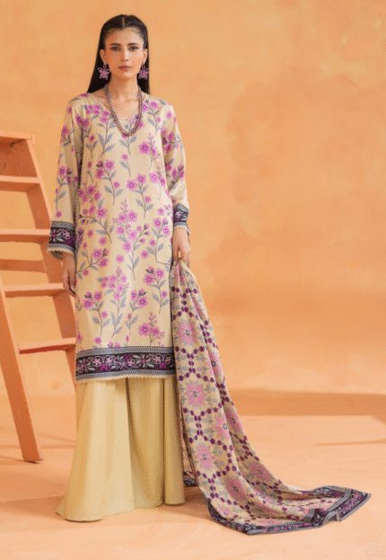 Elegant Beige and Pink Floral Printed Lawn Dress with Dupatta